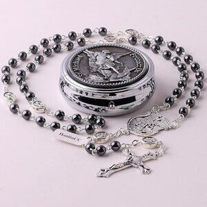 Saint Michael the Archangel Hematite Black Stone Beads Rosary Metal Gift Box